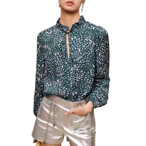 Maje Flowy Printed Ruffle Neckline Blouse Green & Purple Sz M
